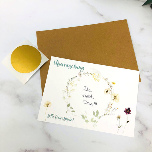 Karte Rubbelkarte DIY zum selber beschriften - personalisiert - Wildblumen gold Überraschung