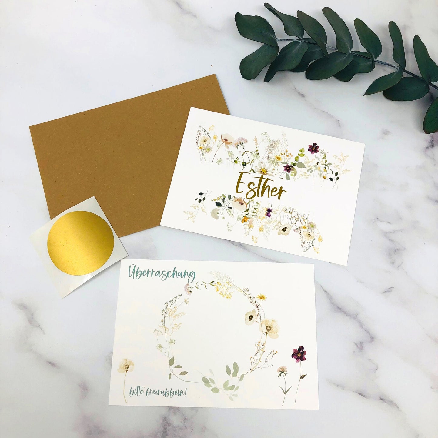 Karte Rubbelkarte DIY zum selber beschriften - personalisiert - Wildblumen gold Überraschung
