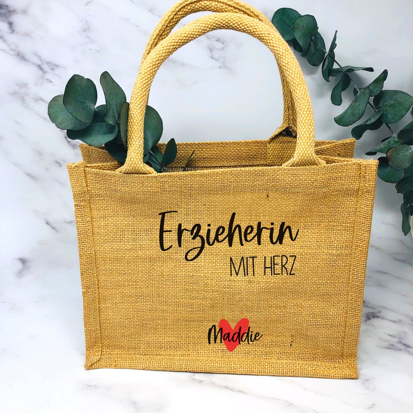 Erzieherin mit Herz Jutetasche klein - personalisiert mit Name und Herz - persönliche Geschenkverpackung - Kita Abschied