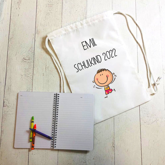 Turnbeutel Schule Schulanfang Kita Kindergarten mit Schulkind und Name Wunschtext personalisiert